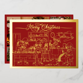 サンタ小妖精や小人ワークショップ、赤のメリークリスマス、金ゴールド 箔シーズンカード