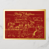 サンタ小妖精や小人ワークショップ、赤のメリークリスマス、金ゴールド 箔シーズンカード (正面)