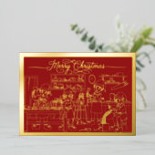 サンタ小妖精や小人ワークショップ、赤のメリークリスマス、金ゴールド 箔シーズンカード (立ち正面)