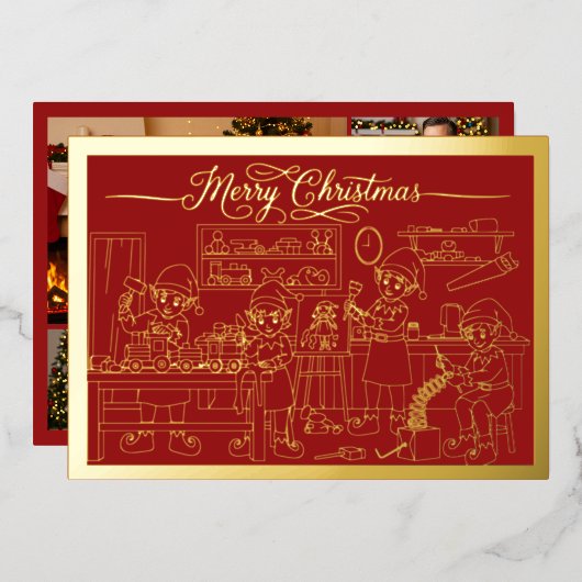 サンタ小妖精や小人ワークショップ、赤のメリークリスマス、金ゴールド 箔シーズンカード (正面/裏面)