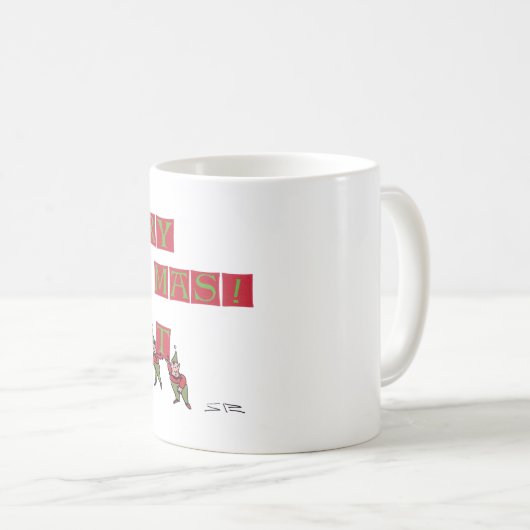 サンタ小妖精や小人Typo右手コーヒーマグ コーヒーマグカップ (正面右)