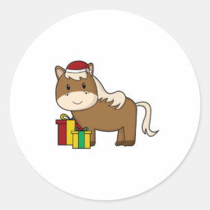 サンタ帽とギフト付き馬 ラウンドシール