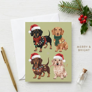 サンタ帽とマフラーをしたかわいいクリスマスのダックスフント シーズンカード