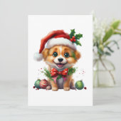 サンタ帽とリボンが可愛いクリスマスの子犬 シーズンカード (スタンド正面)