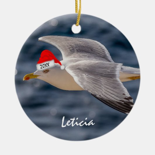 サンタ帽のカモメ クリスマス セラミックオーナメント (正面)