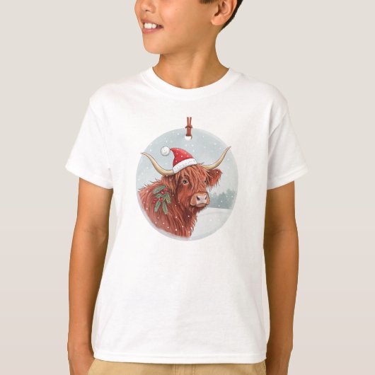 サンタ帽のキュートハイランド・カウ キッズTシャツ Tシャツ (正面)