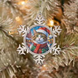 サンタ帽のクリスマス猫 スノーフレークピューターオーナメント