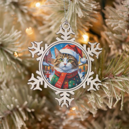 サンタ帽のクリスマス猫 スノーフレークピューターオーナメント (ツリー)