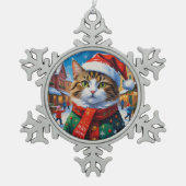 サンタ帽のクリスマス猫 スノーフレークピューターオーナメント (正面)