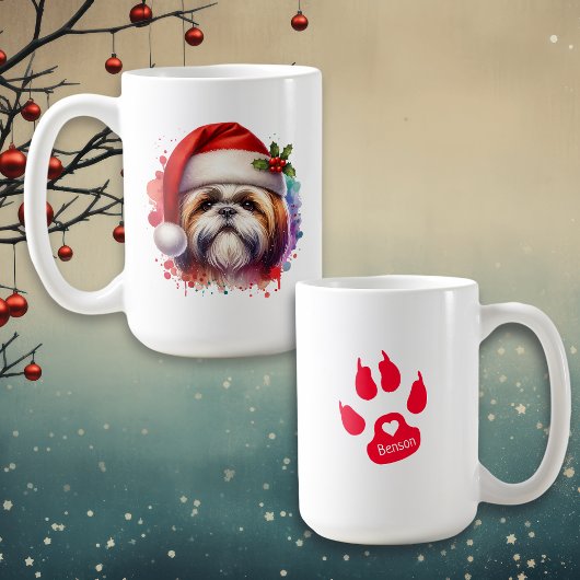 サンタ帽のシーズー犬 クリスマス パーソナライズ コーヒーマグカップ