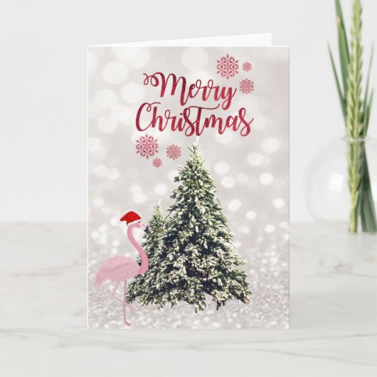 サンタ帽のフラインゴ,松の木,キラキラしたボケ シーズンカード (正面)