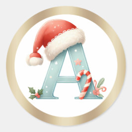 サンタ帽のモノグラムAのクリスマスステッカー ラウンドシール