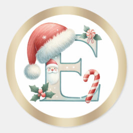 サンタ帽のモノグラムEのクリスマスステッカー ラウンドシール
