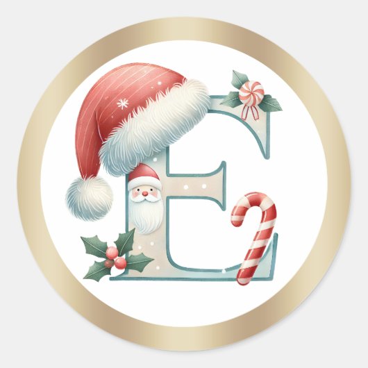 サンタ帽のモノグラムEのクリスマスステッカー ラウンドシール (正面)