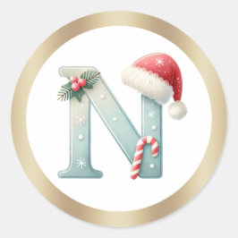 サンタ帽のモノグラムNのクリスマスステッカー ラウンドシール