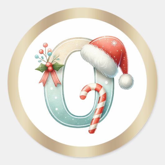 サンタ帽のモノグラムOのクリスマスステッカー ラウンドシール (正面)