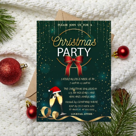 サンタ帽の会社のクリスマスパーティーの洗練されたグラス 招待状