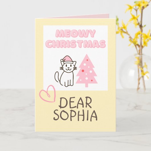 サンタ帽の可愛い猫とツリーのクリスマスカード パステルカラー カード (黄色い花)