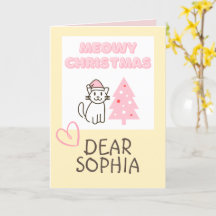サンタ帽の可愛い猫とツリーのクリスマスカード パステルカラー