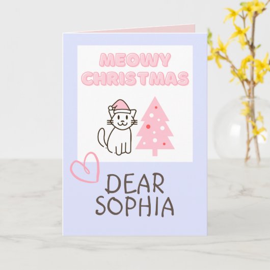 サンタ帽の可愛い猫とツリーのメowyクリスマス パステル カード (黄色い花)