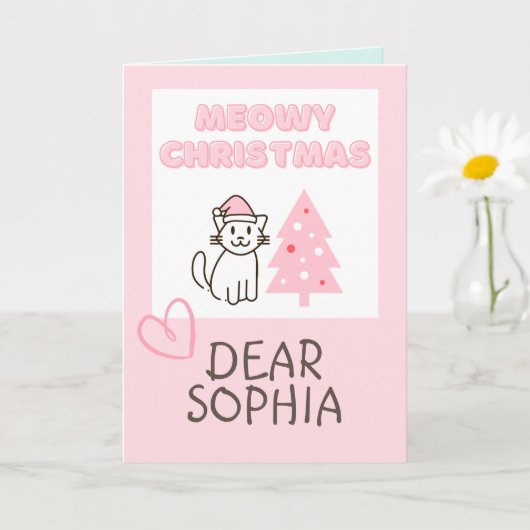 サンタ帽の可愛い猫とツリーのメowyクリスマス パステル カード (小さな植物)