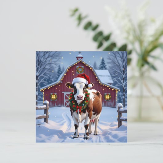 サンタ帽の牛がいるフェスティブなカントリークリスマス シーズンカード (スタンド正面)