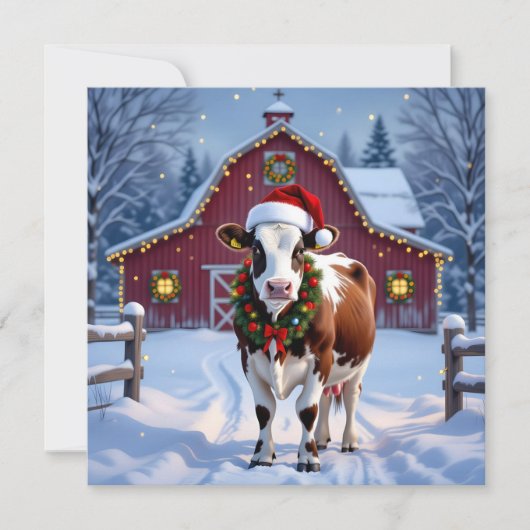 サンタ帽の牛がいるフェスティブなカントリークリスマス シーズンカード (正面)