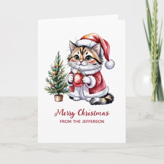 サンタ帽の猫のクリスマスツリー シーズンカード (正面)