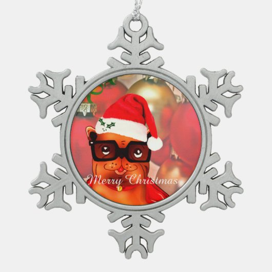 サンタ帽の素敵なサンタのブルドッグ スノーフレークピューターオーナメント (正面)