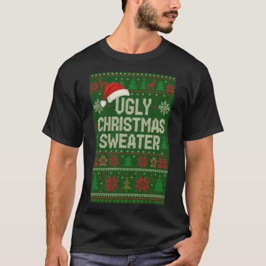 サンタ帽の面白いクリスマスセーターTシャツ Tシャツ (正面)
