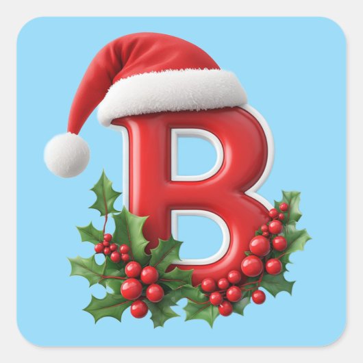 サンタ帽の飾りが付いたクリスマスの文字B スクエアシール (正面)