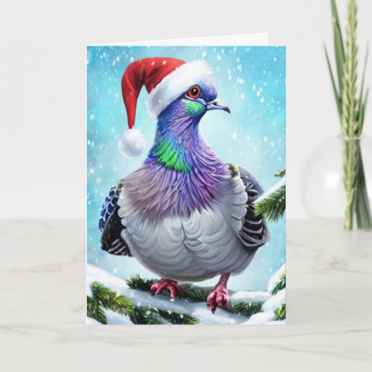 サンタ帽の鳩が降る雪の中でクリスマス カード (正面)