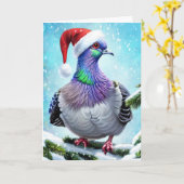 サンタ帽の鳩が降雪の中でクリスマス カード (黄色い花)
