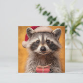 サンタ帽をかぶったかわいいアライグマのプレゼント シーズンカード (スタンド正面)