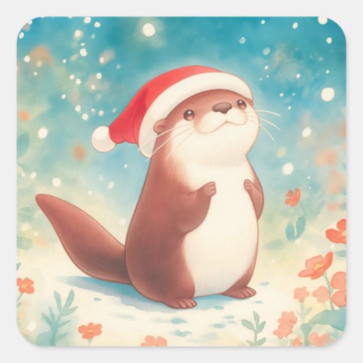 サンタ帽をかぶったかわいいクリスマスのカワウソステッカー スクエアシール (正面)