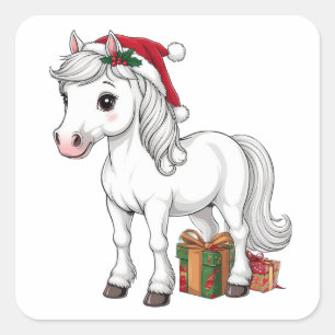 サンタ帽をかぶったかわいいクリスマスの馬 スクエアシール