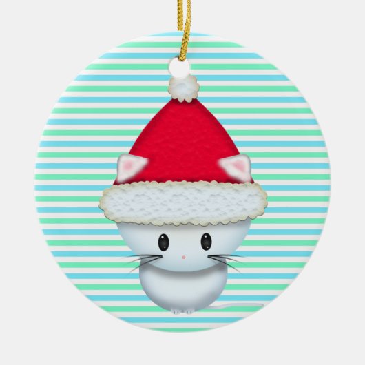 サンタ帽をかぶったかわいいクリスマス子猫 セラミックオーナメント (正面)