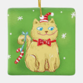 サンタ帽をかぶったかわいいクリスマス猫 セラミックオーナメント (正面)