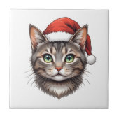 サンタ帽をかぶったかわいいクリスマス猫 タイル (正面)
