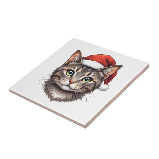 サンタ帽をかぶったかわいいクリスマス猫 タイル (側面)
