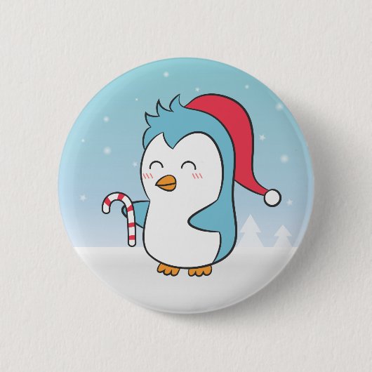 サンタ帽をかぶったかわいいペンギンのクリスマス 缶バッジ (正面)