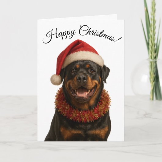 サンタ帽をかぶったかわいいロットワイラー クリスマスカード (正面)