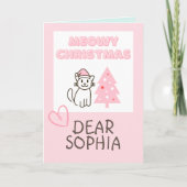 サンタ帽をかぶったかわいい猫とツリーのクリスマスカード パステルカラー カード (正面)