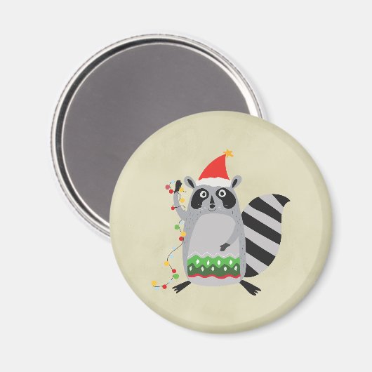 サンタ帽をかぶったアライグマがホリデーライトでもつれ込んだ マグネット (正面/裏面)