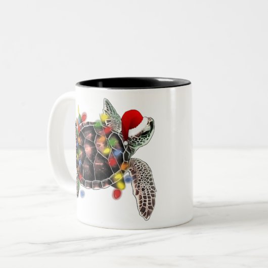 サンタ帽をかぶったウミガメのクリスマス祝い ツートーンマグカップ (正面左)