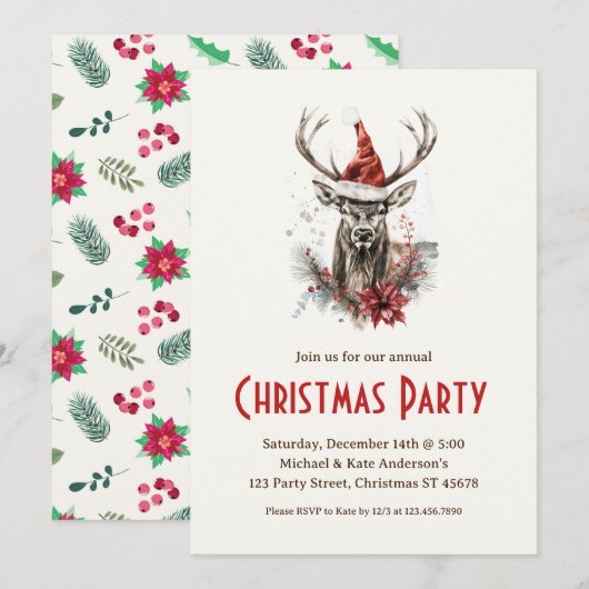 サンタ帽をかぶったエルクの野生の鹿のクリスマスパーティー 招待状 (正面/裏面)