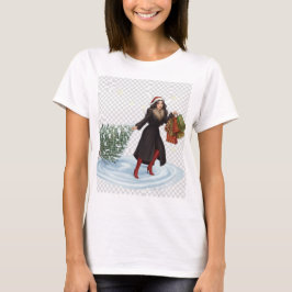 サンタ帽をかぶったエレガントな女性がクリスマスツリーを引っ張る  Tシャツ