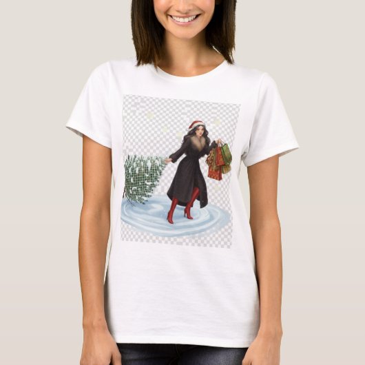 サンタ帽をかぶったエレガントな女性がクリスマスツリーを引っ張る Tシャツ (正面)