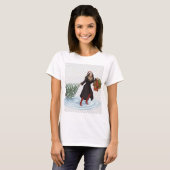 サンタ帽をかぶったエレガントな女性がクリスマスツリーを引っ張る Tシャツ (正面フル)