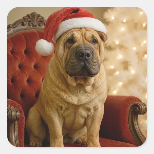 サンタ帽をかぶったクリスマスのシャーペイ犬 スクエアシール (正面)